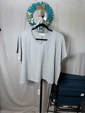 New Zenana Ribbed V-Neck Short Sleeve Top in blue /LightGray